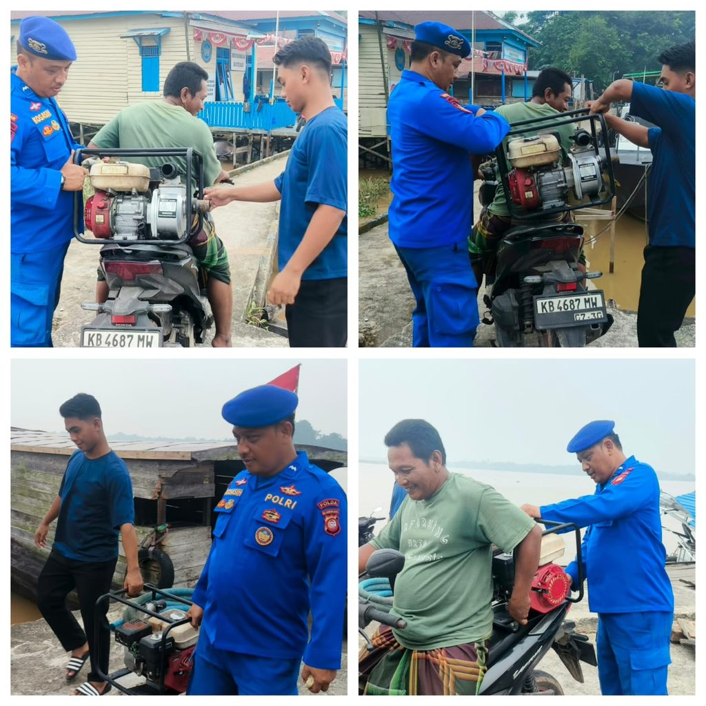 Polisi Penolong, Personel Ditpolairud Polda Kalbar KP. Sempadi VI-1005 Sukalanting Bantu Penumpang Turunkan Sepeda Motor dan Mesin Robin di Dermaga